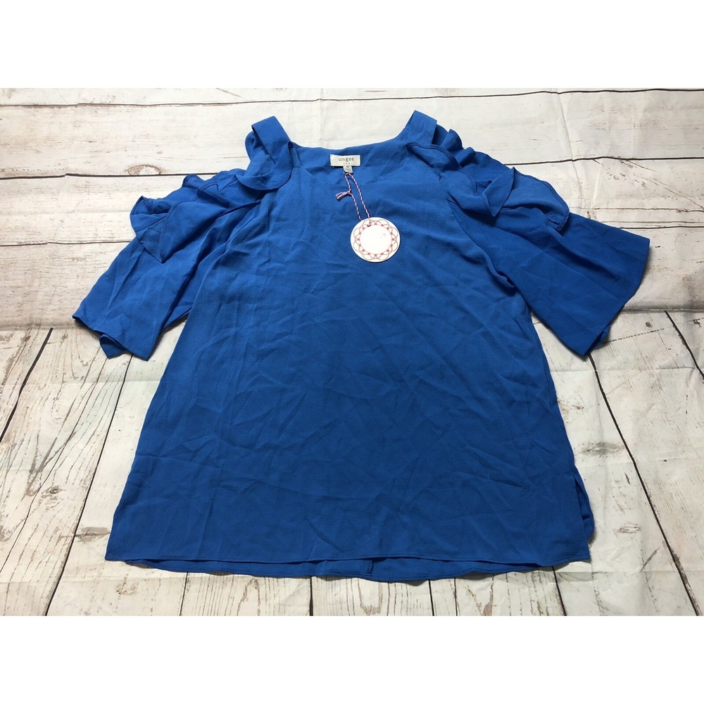Umgee Womens M Blue Ruffled Cold Shoulder Short Sleeve Blouse Shirt Top New Nwt